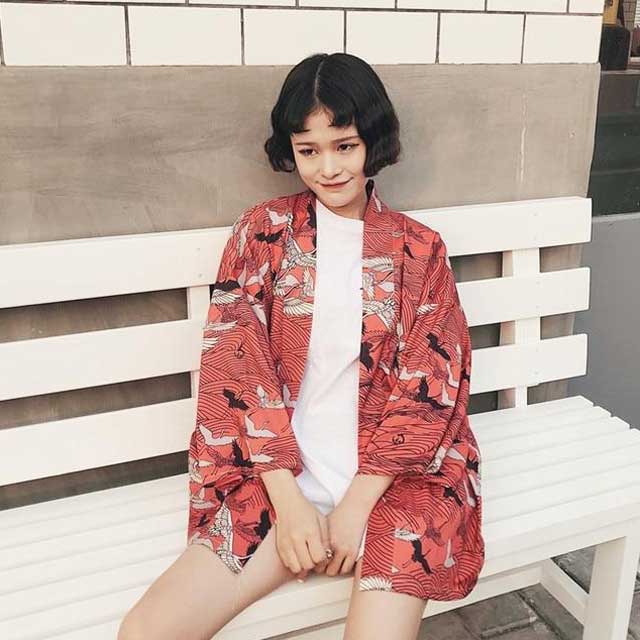 Short Kimono Cardigan in Crane Print | Eiyo Kimono