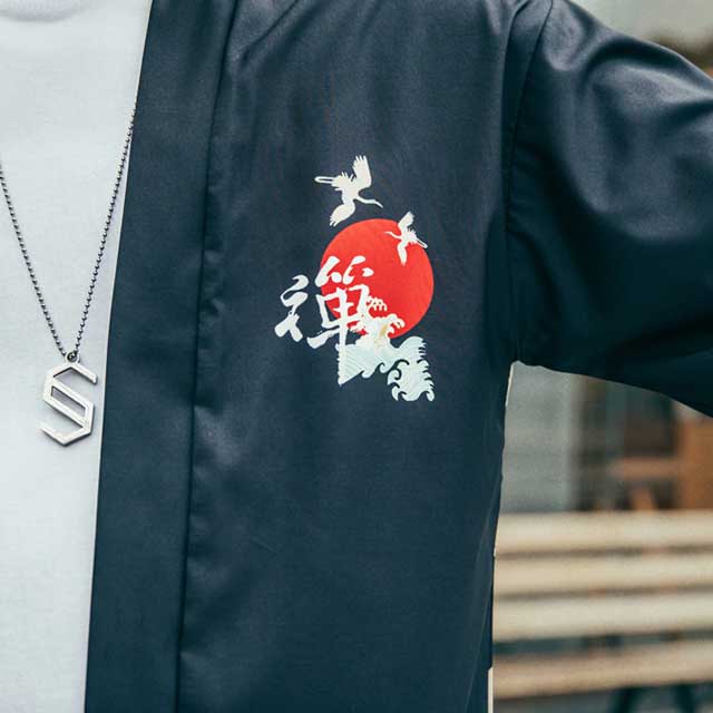 Happi kimono kanji nero samurai in cotone shantung giapponese da uomo