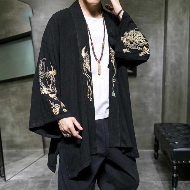 Japanese Clothing Mens Black Silk Kimono Jacket, Black, 5XL